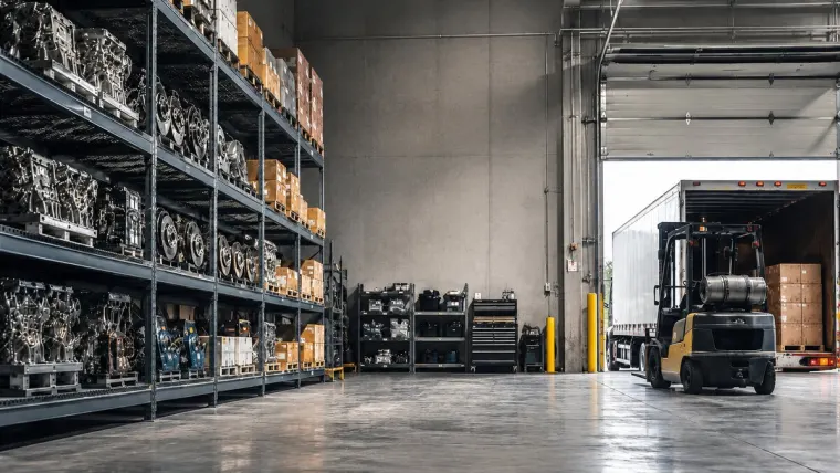 Auto parts warehouse with forklift loading a cross-border truck
