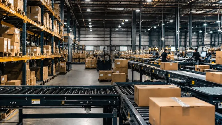 E-commerce fulfillment warehouse with conveyors and shipping cartons