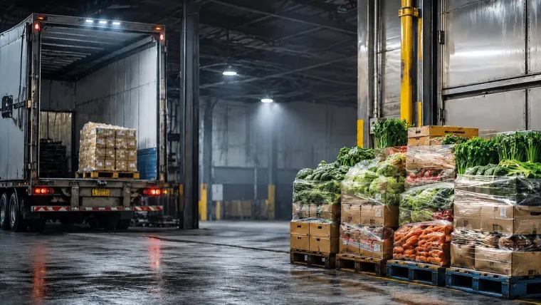 Reefer trailer loading palletized produce at a cold-chain dock