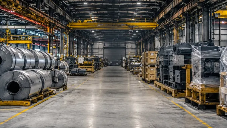 Industrial warehouse with steel coils and machinery crates